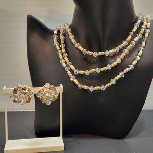 Vintage Triple Strand AB Crystals and Goldtone Bead Necklace and Clip Earr Set